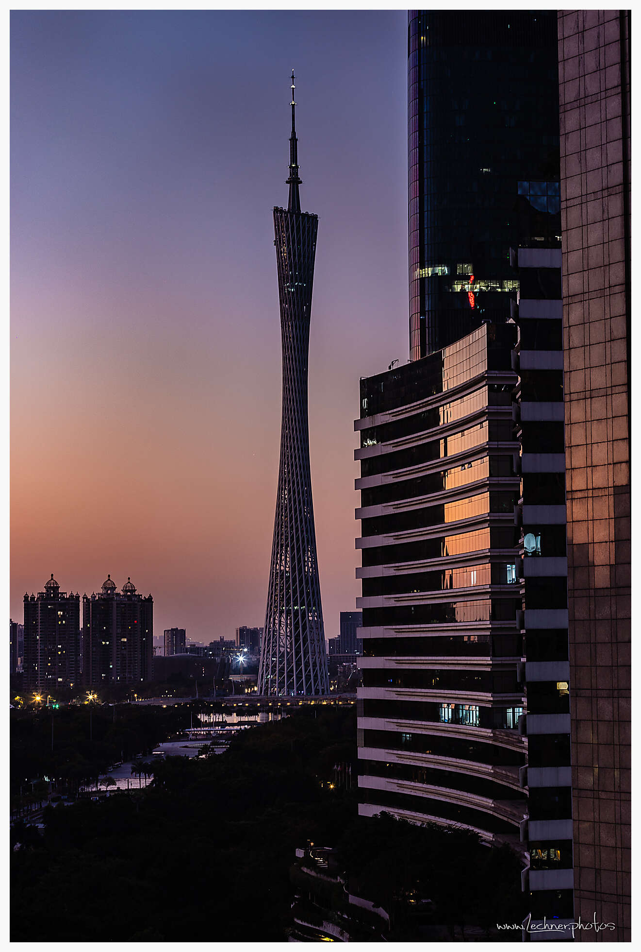 Sun setting over Canton Tower
